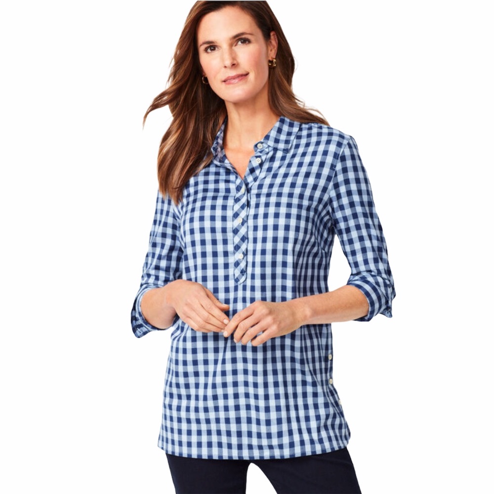 Talbots Gingham Popover Tunic Button Side Blue Bl… - image 1